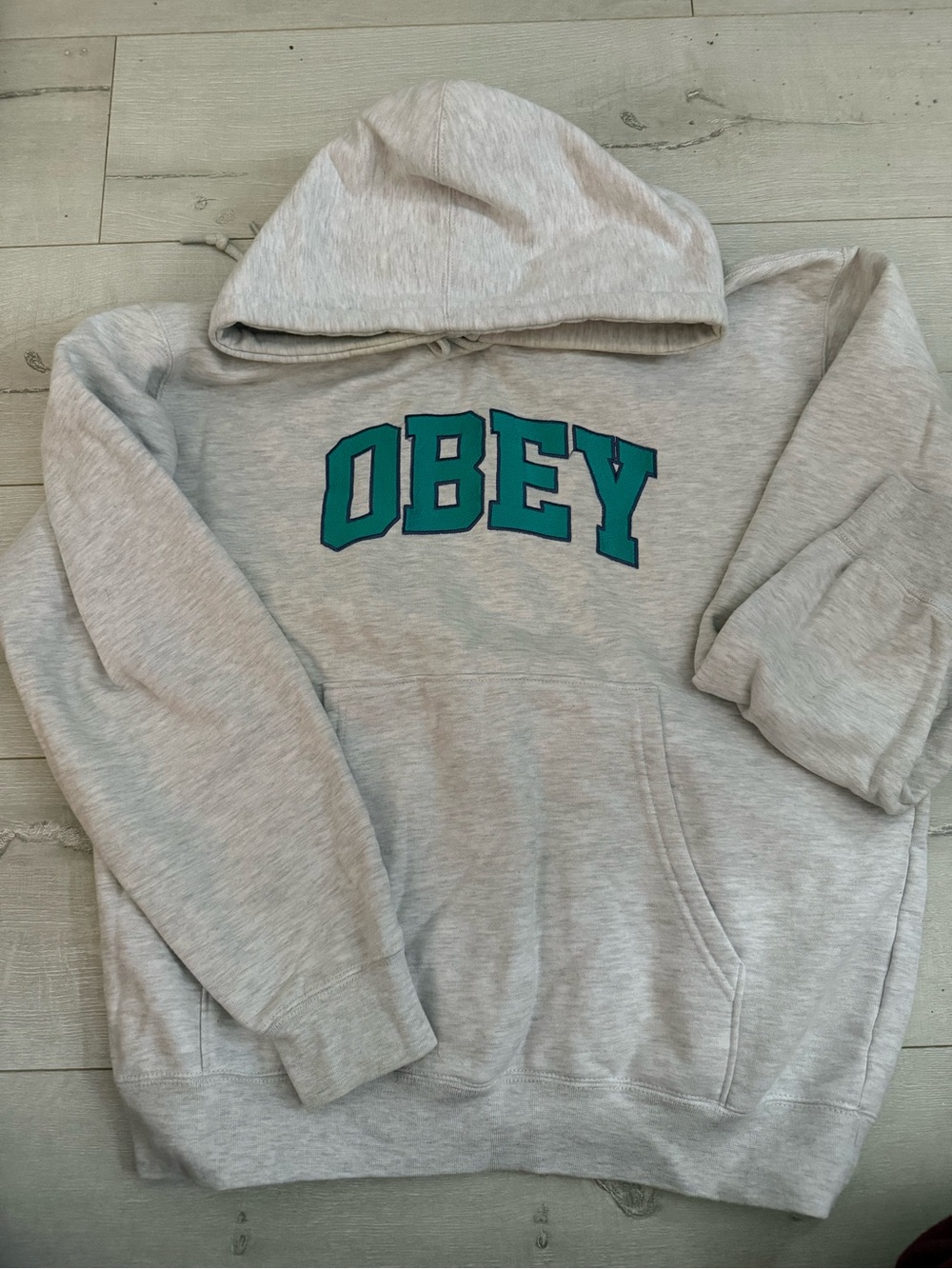 Obey Light Gray Crewneck Hoodie with Teal Logo